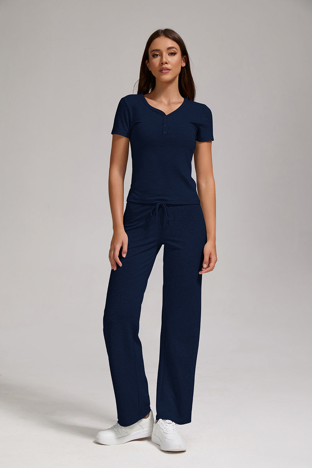 Women's Casual Sports Two-piece Set With V-neck Button