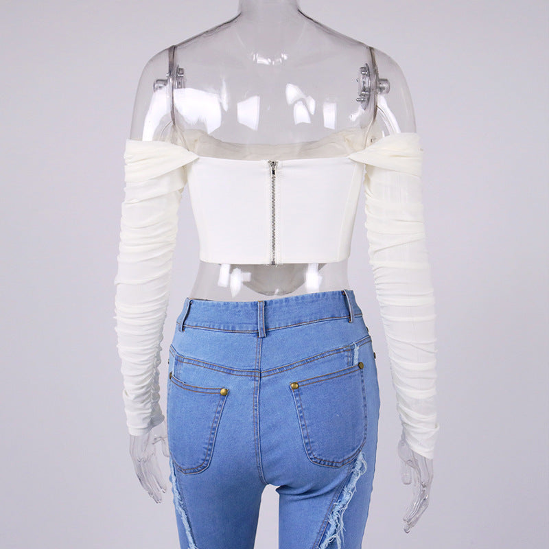 Women's Mesh And Fishbone See-through Neckline Cropped Blouse
