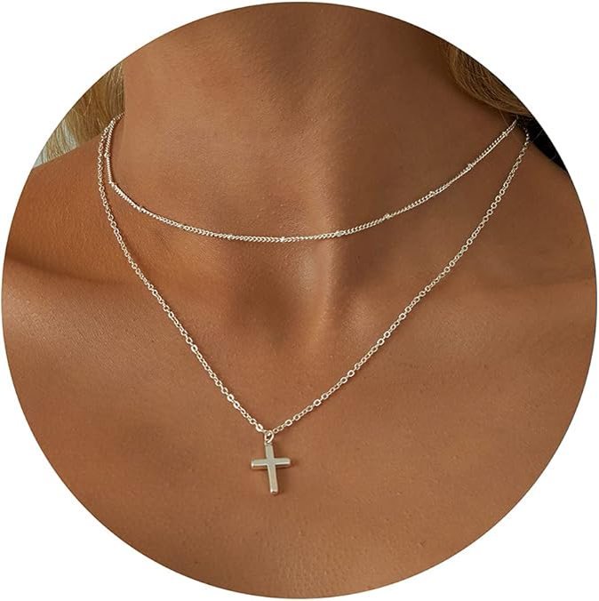 Women's Cross Necklace - 14K Silver Plated Cross Necklace Simple Cute Multi-layered Pendant Necklace Women's Fashion Jewelry