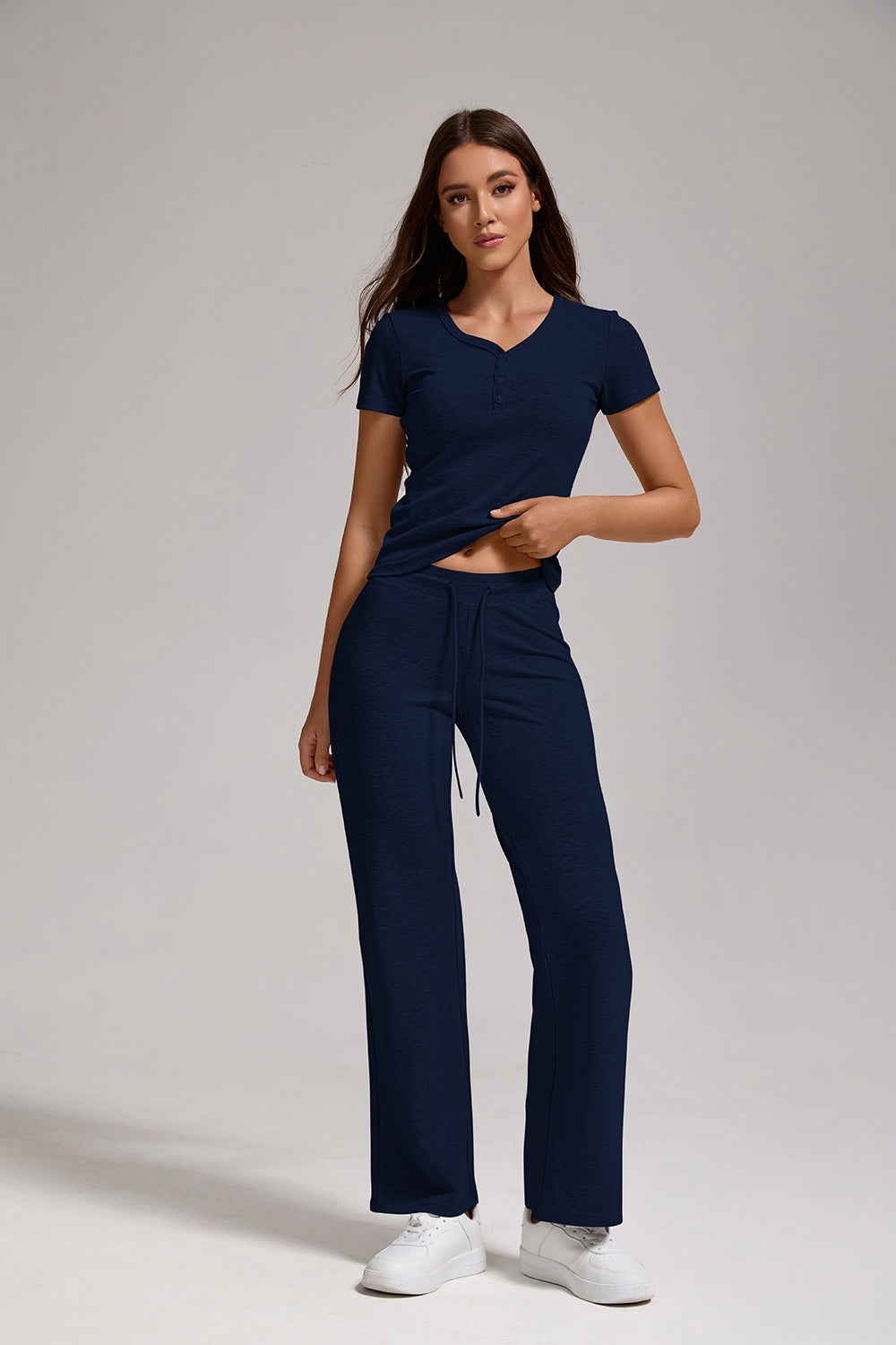 Women's Casual Sports Two-piece Set With V-neck Button