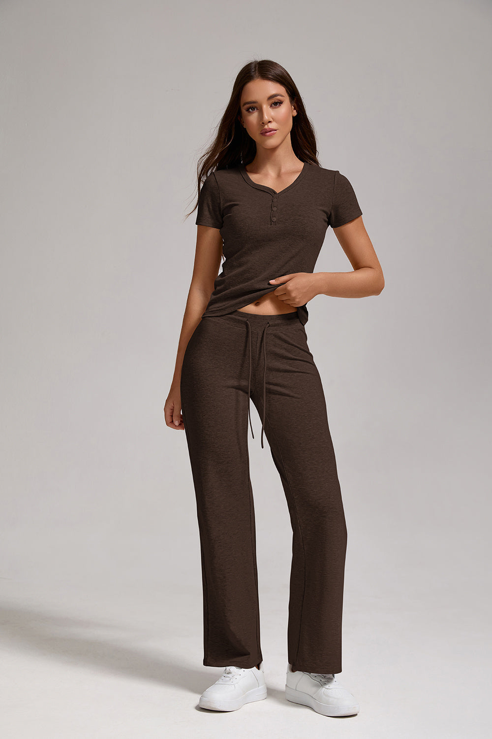 Women's Casual Sports Two-piece Set With V-neck Button