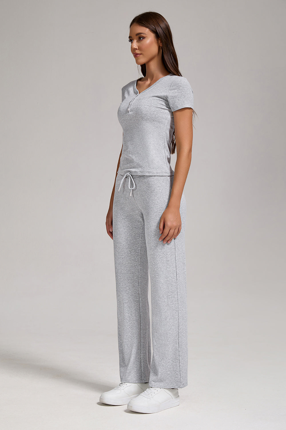 Women's Casual Sports Two-piece Set With V-neck Button