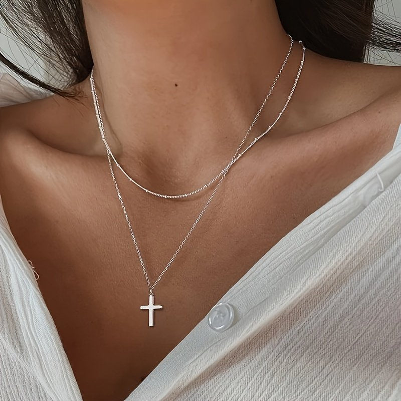 Women's Cross Necklace - 14K Silver Plated Cross Necklace Simple Cute Multi-layered Pendant Necklace Women's Fashion Jewelry