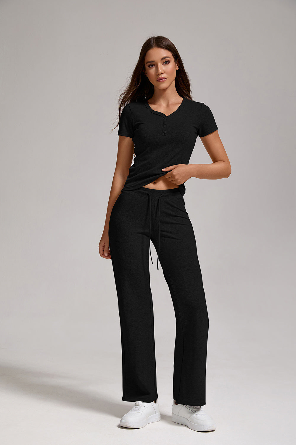 Women's Casual Sports Two-piece Set With V-neck Button