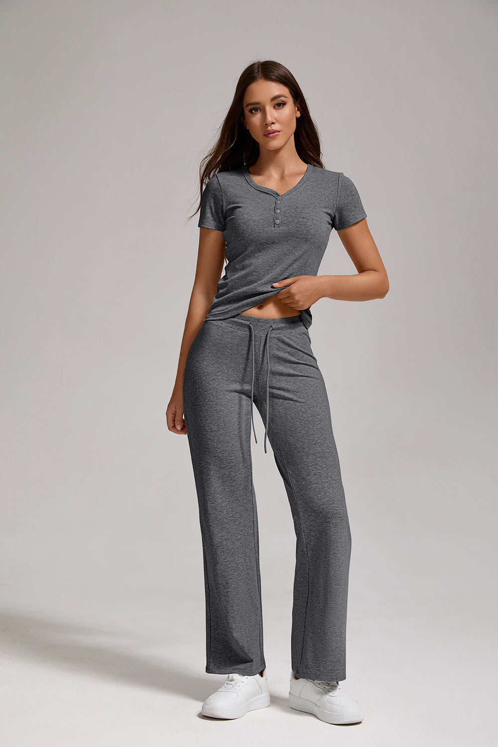 Women's Casual Sports Two-piece Set With V-neck Button
