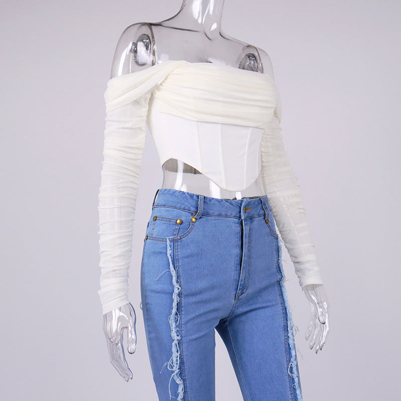 Women's Mesh And Fishbone See-through Neckline Cropped Blouse