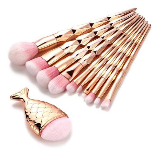 11Pcs Diamond Rose Gold Makeup Brushes Set Mermaid Fishtail Shaped