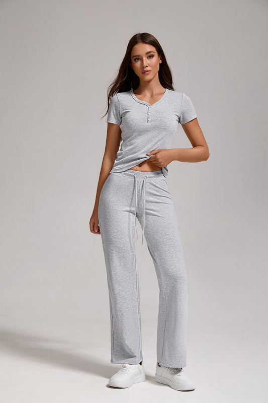 Women's Casual Sports Two-piece Set With V-neck Button