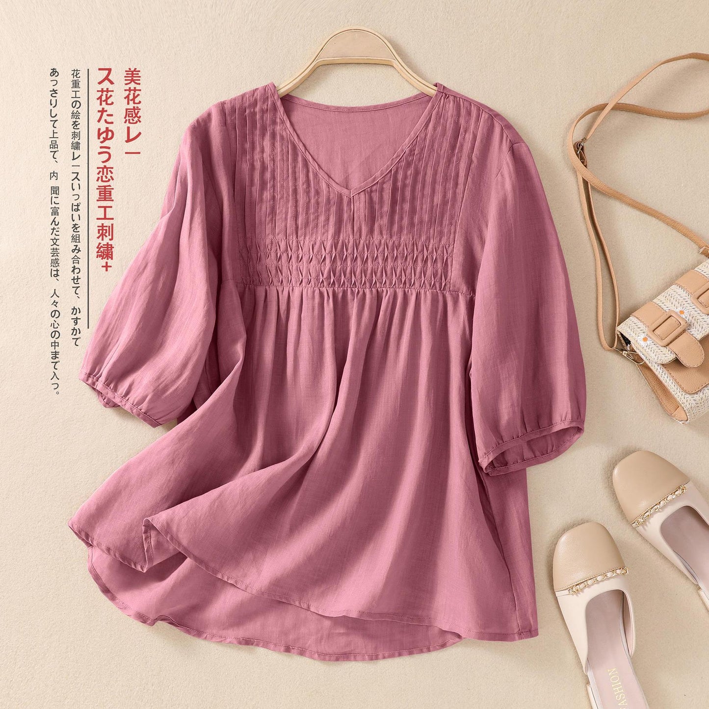 Women's V-neck Cotton And Linen Short-sleeved T-shirt Loose