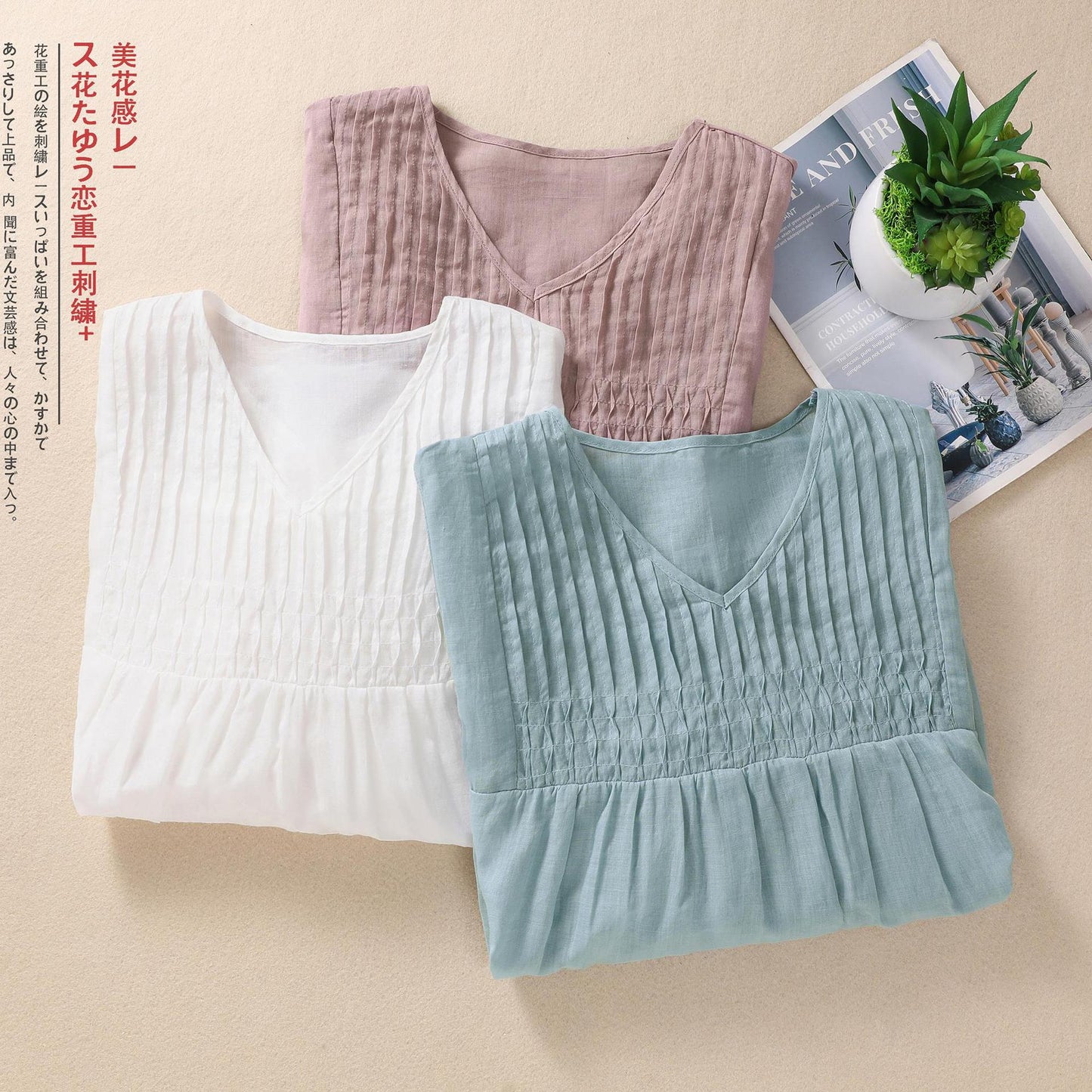 Women's V-neck Cotton And Linen Short-sleeved T-shirt Loose