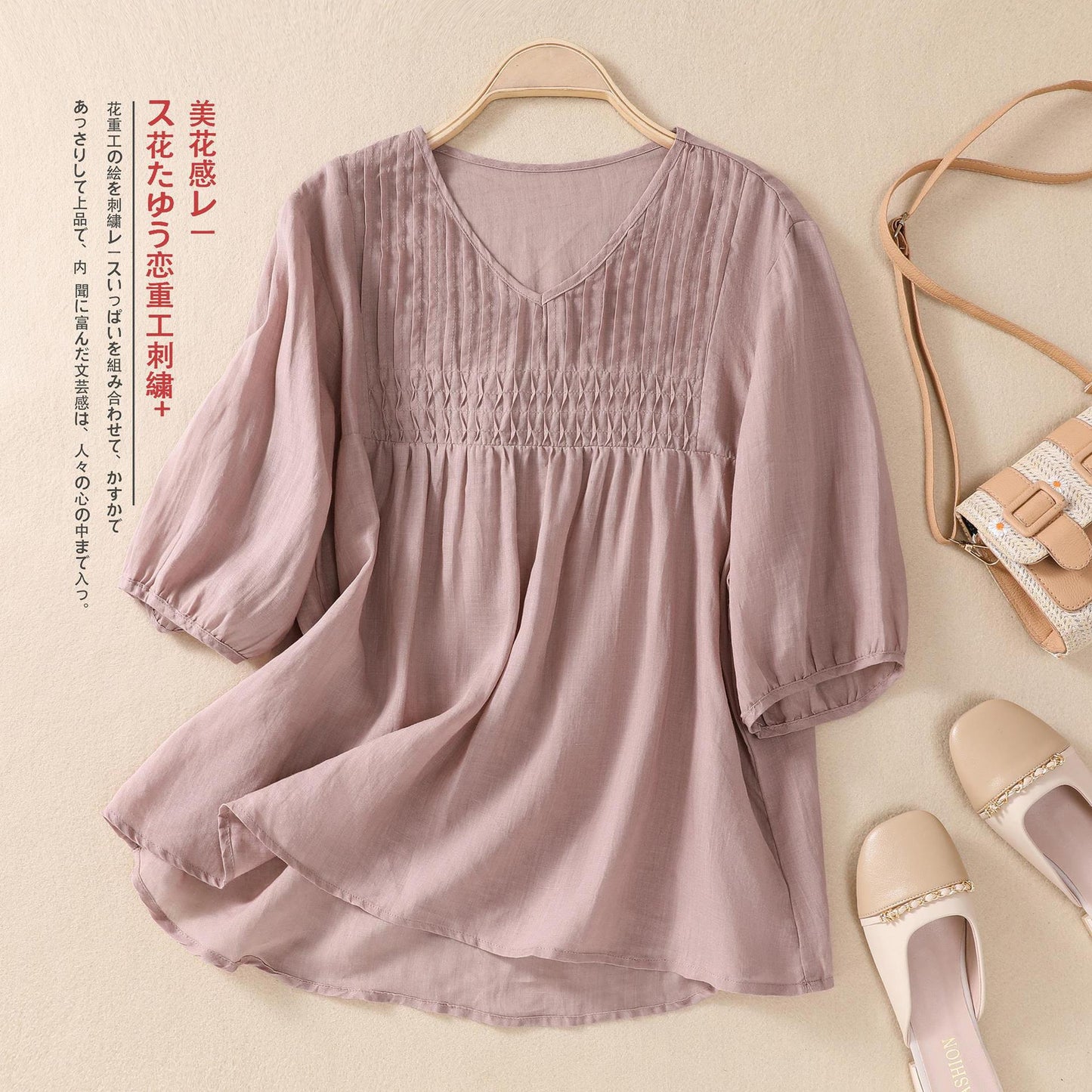 Women's V-neck Cotton And Linen Short-sleeved T-shirt Loose