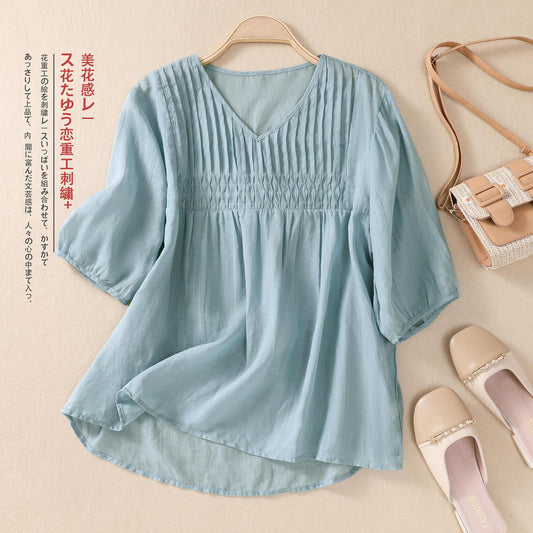 Women's V-neck Cotton And Linen Short-sleeved T-shirt Loose
