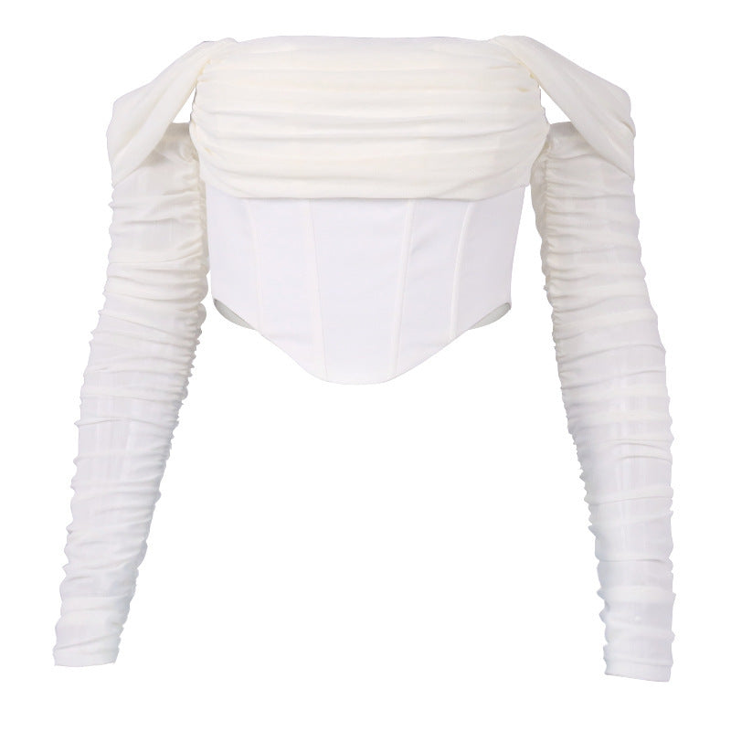 Women's Mesh And Fishbone See-through Neckline Cropped Blouse