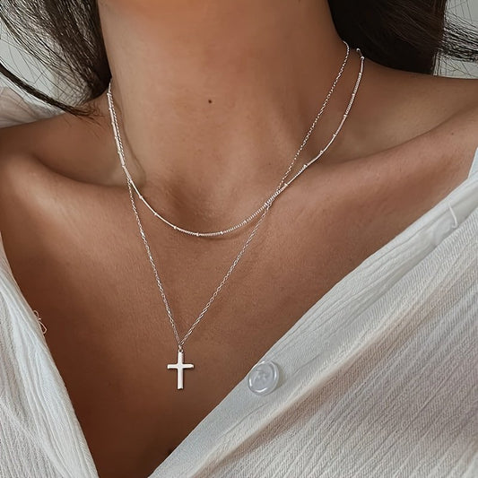 Women's Cross Necklace - 14K Silver Plated Cross Necklace  Simple Cute Multi-layered Pendant Necklace Women's Fashion Jewelry